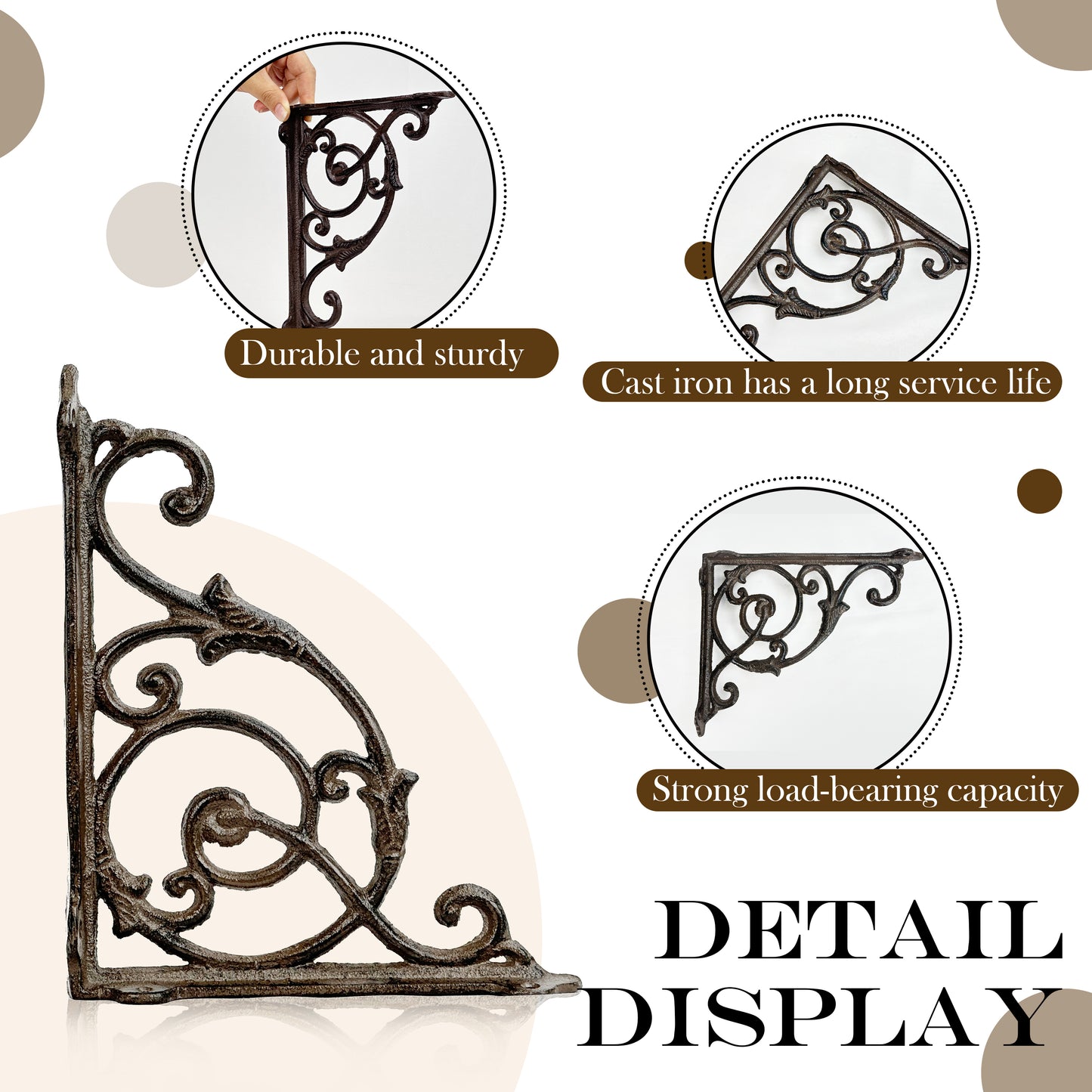 Linton Arts 2 Pack Decorative Metal Shelf Brackets, 7.16" x 8.77" Cast Iron Floating Shelf Bracket for Shelves, Decorative Wall Brackets for Wall Mounted Shelves, Hardware Included
