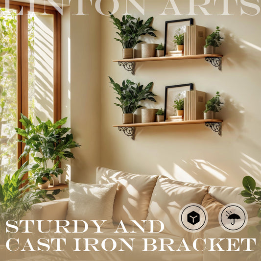 Linton Arts 2 Pack Decorative Metal Shelf Brackets, 7.16" x 8.77" Cast Iron Floating Shelf Bracket for Shelves, Decorative Wall Brackets for Wall Mounted Shelves, Hardware Included
