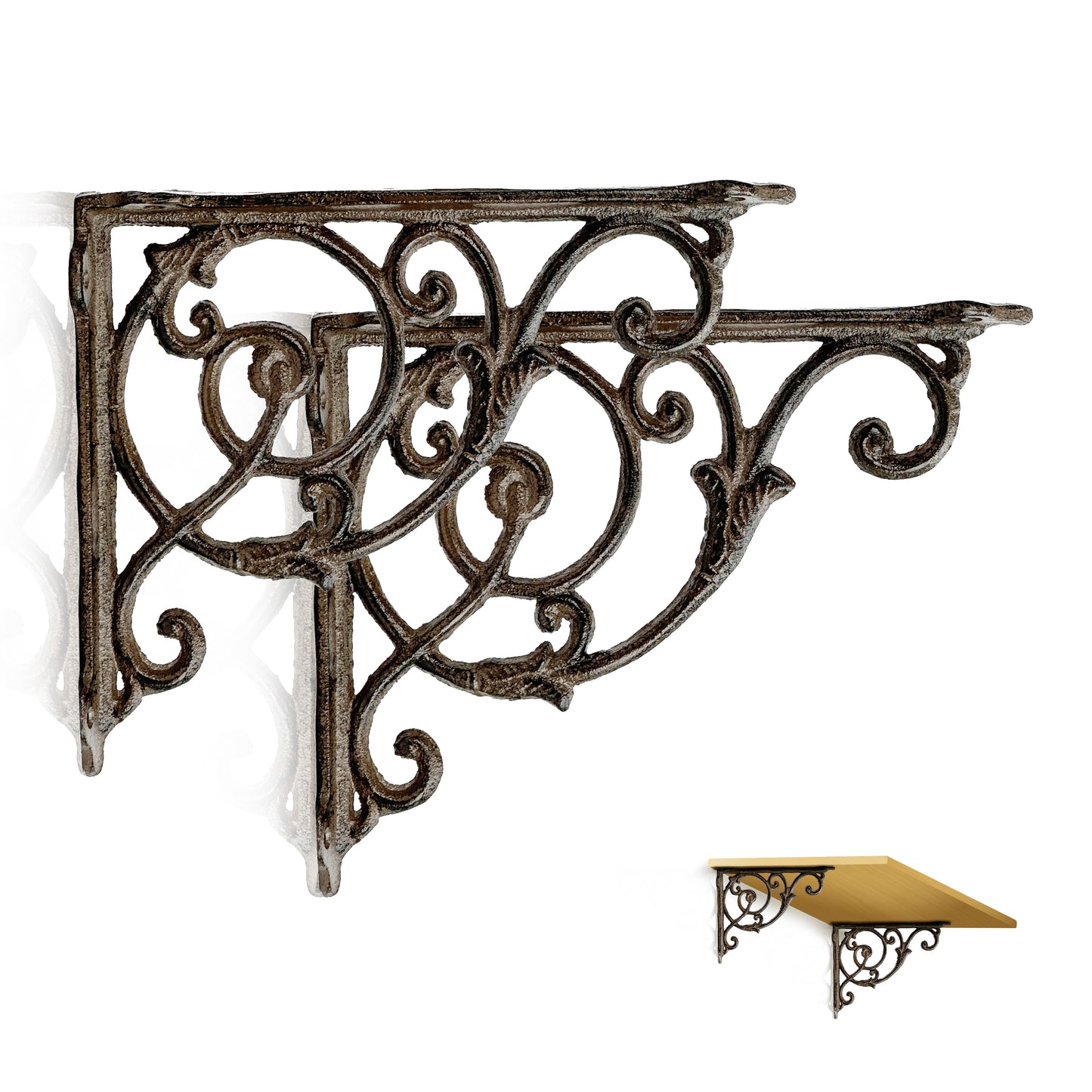 Linton Arts 2 Pack Decorative Metal Shelf Brackets, 7.16" x 8.77" Cast Iron Floating Shelf Bracket for Shelves, Decorative Wall Brackets for Wall Mounted Shelves, Hardware Included