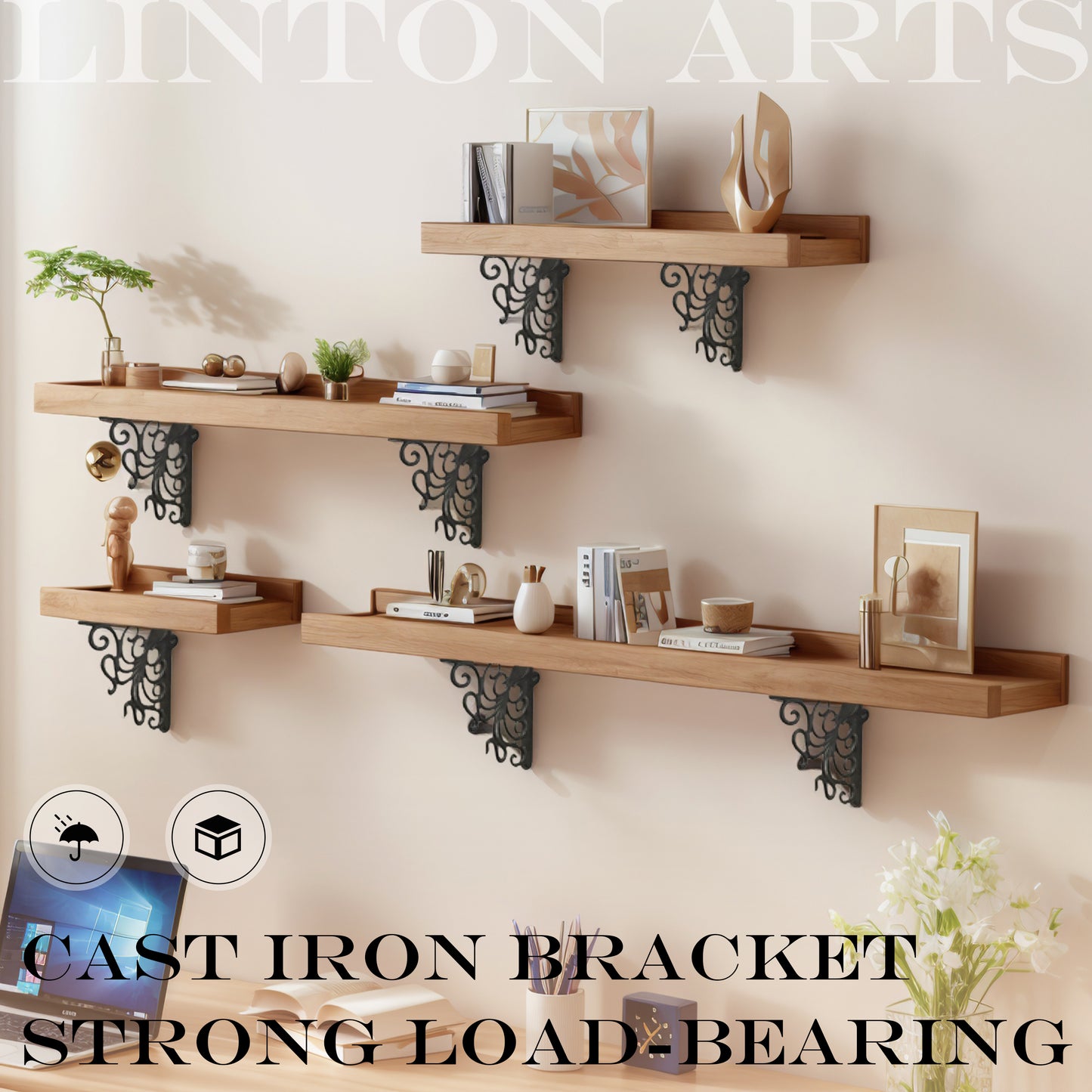 Linton Arts 2 Pack Decorative Metal Shelf Brackets, 7.16" x 8.77" Cast Iron Floating Shelf Bracket for Shelves, Decorative Wall Brackets for Wall Mounted Shelves, Hardware Included