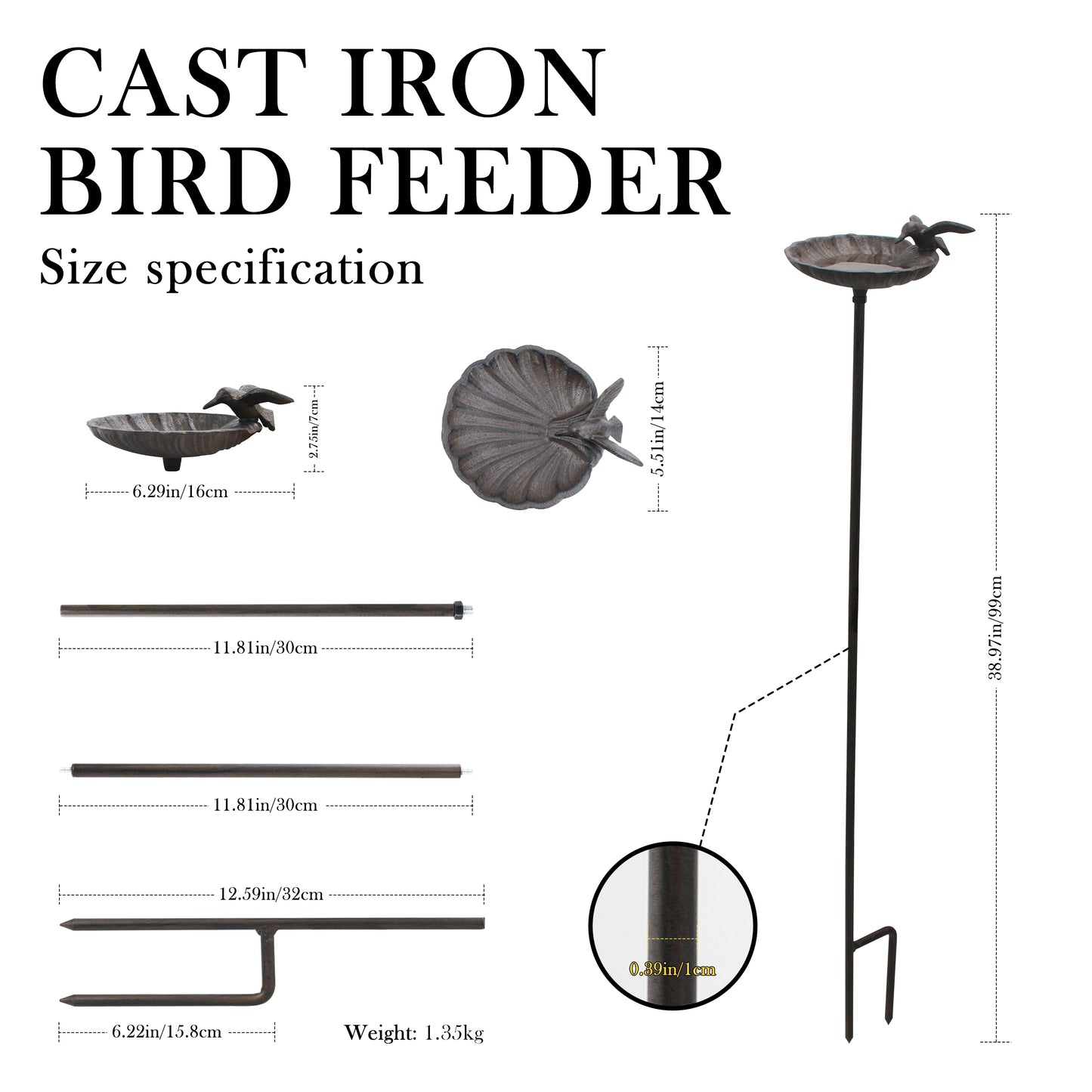 Linton Arts Cast Iron Standing Bird Feeder, 38.97" Outdoor Shell-Shaped  with Decorative , Rust-Resistant Heavy Duty Bird Feeder for Garden, Yard, Patio