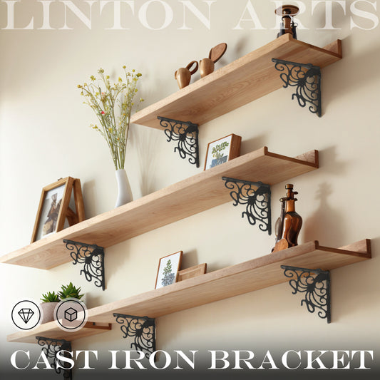 Linton Arts 2 Pack Decorative Metal Shelf Brackets, 7.16" x 8.77" Cast Iron Floating Shelf Bracket for Shelves, Decorative Wall Brackets for Wall Mounted Shelves, Hardware Included