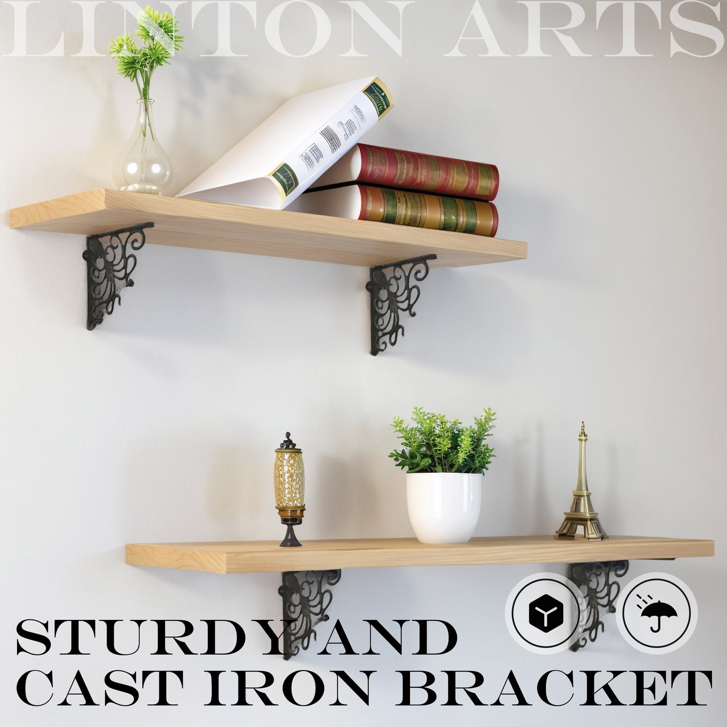 Linton Arts 2 Pack Decorative Metal Shelf Brackets, 7.16" x 8.77" Cast Iron Floating Shelf Bracket for Shelves, Decorative Wall Brackets for Wall Mounted Shelves, Hardware Included