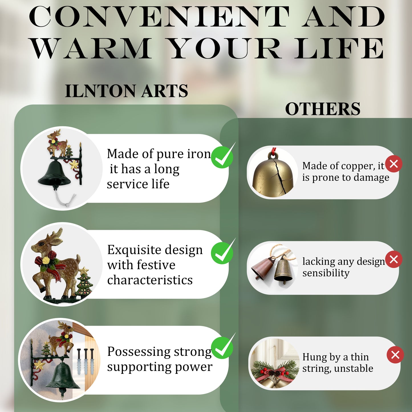 Christmas Outdoor Dinner Bell, 
Cast Iron Hand-Painted Rustic Dinner Bell 