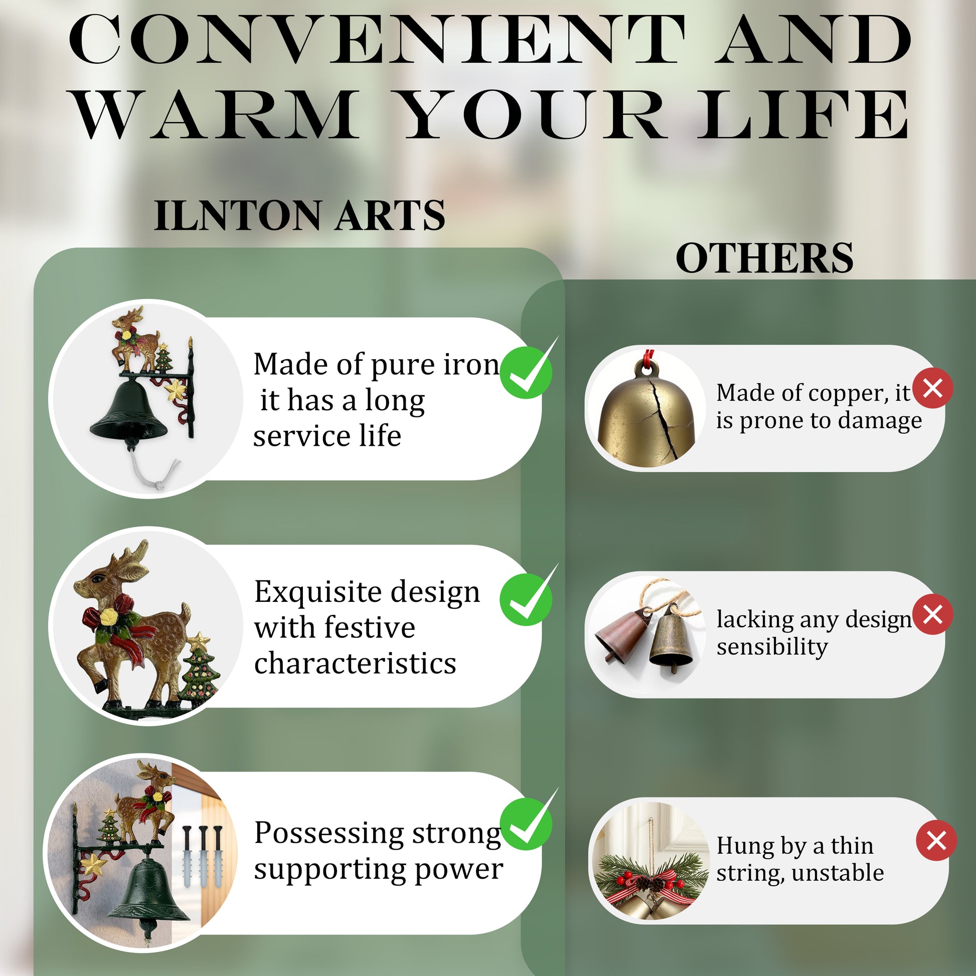 Christmas Outdoor Dinner Bell, 
Cast Iron Hand-Painted Rustic Dinner Bell 