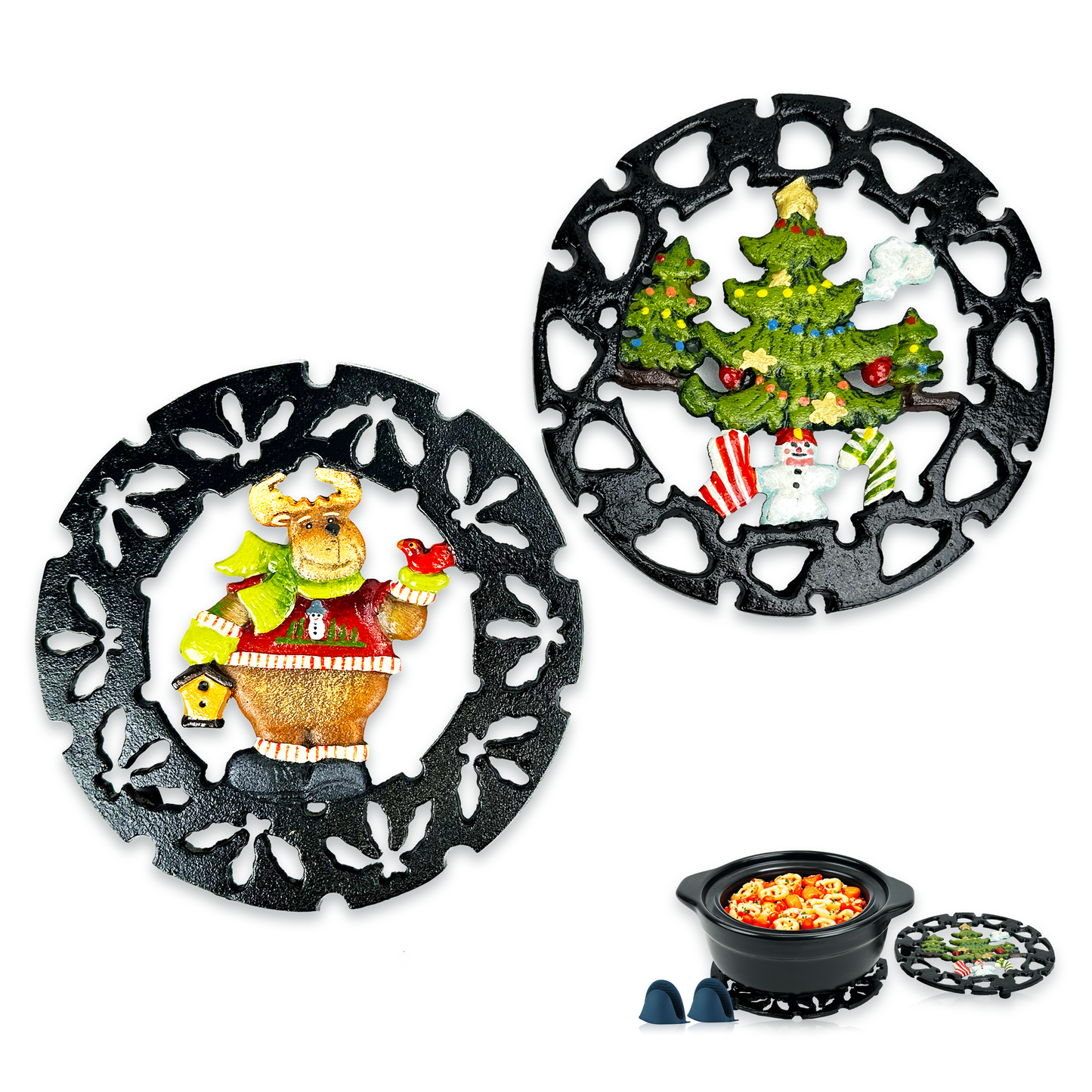 2 Pack Christmas Metal Trivets, 
Reindeer & Snowman Cast Iron Trivet for Hot Dishes,