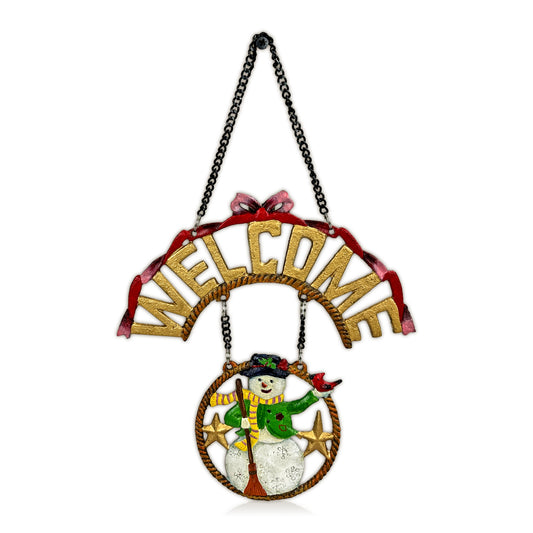  Christmas Welcome Sign for Front Door Decor, 
Vintage Cast Iron Snowman Door Decor with Chain