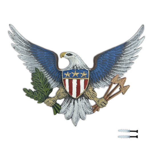 Eagle Decor Outdoor Wall Art，
Cast Iron American  Statue with Shield 
Patriotic Metal Wall Hanging for Indoor & Outdoor